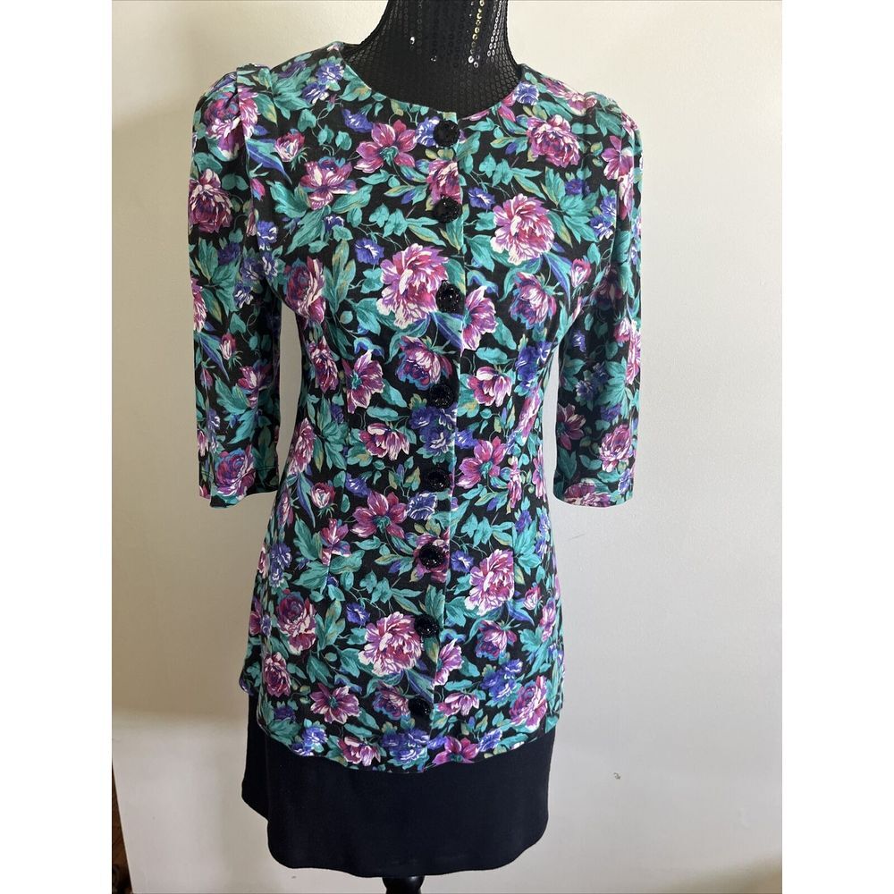 VTG Sabrina Allyn Green Purple Floral Fitted Dress 3/4 Sleeve Button Down Size 7